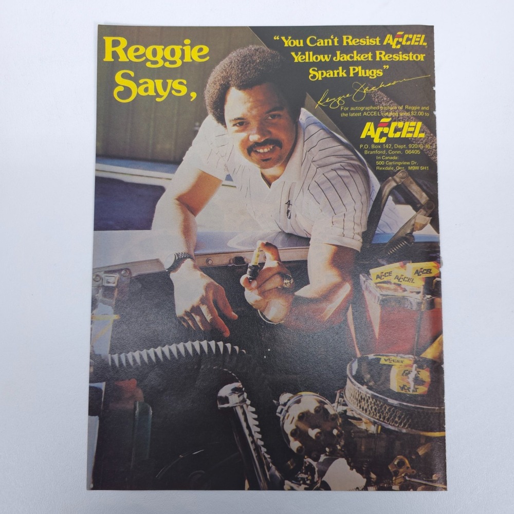 1979 Reggie Jackson ACCEL Yellow Jacket Spark Plugs MLB Endorsement Vtg Print Ad